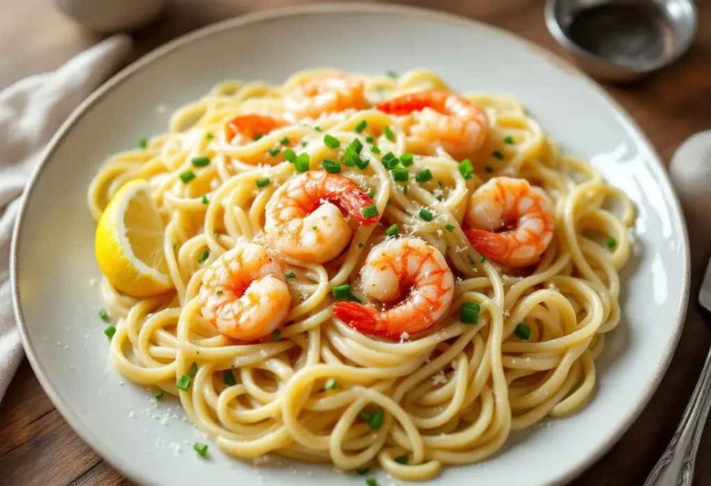 Linguine aux poireaux, crème onctueuse et crevettes gourmandes
