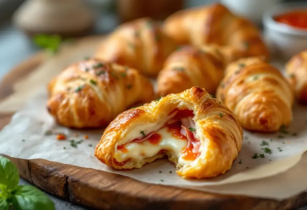 Mini croissants apéro garnis façon pizza au jambon et fromage bien fondant