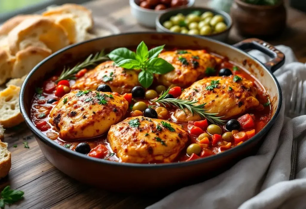Pollo alla cacciatora : le poulet italien du dimanche aux tomates et aux olives fondantes
